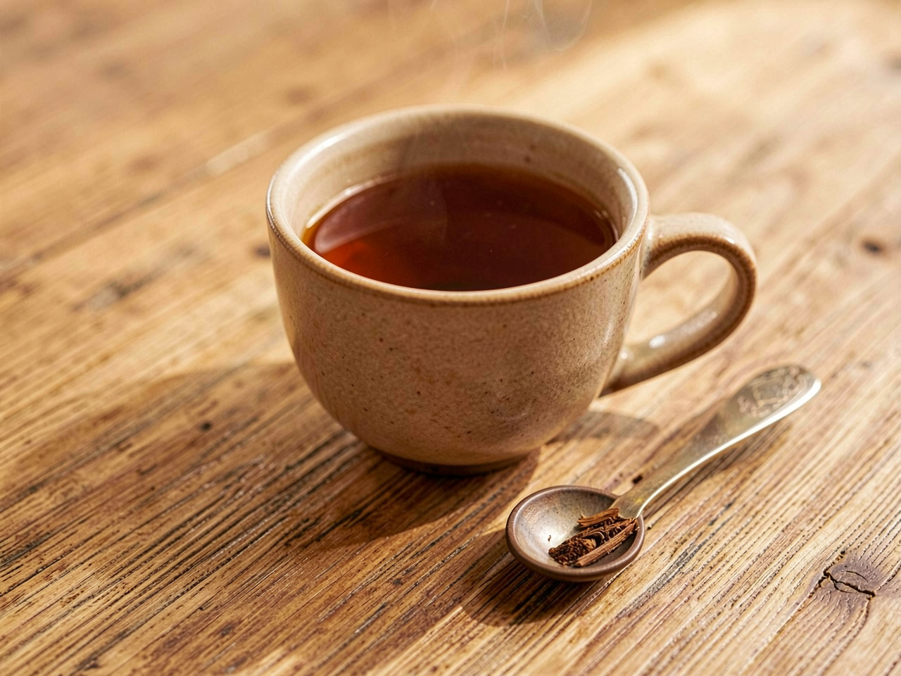 Amber rooibos cup on wooden surface